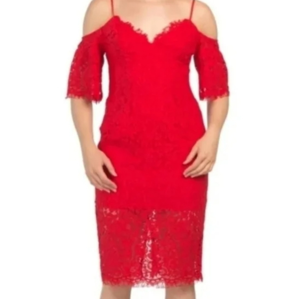 Bardot Karlie red cold shoulder lace mini dress